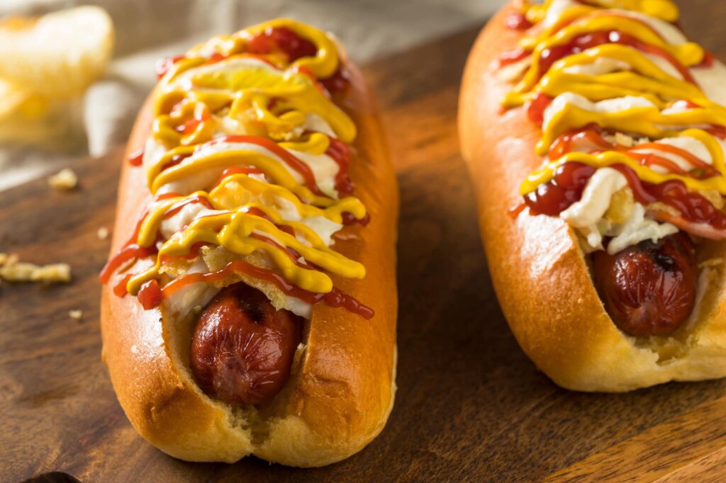 hot dogs with cheese, mayo, and mustard
