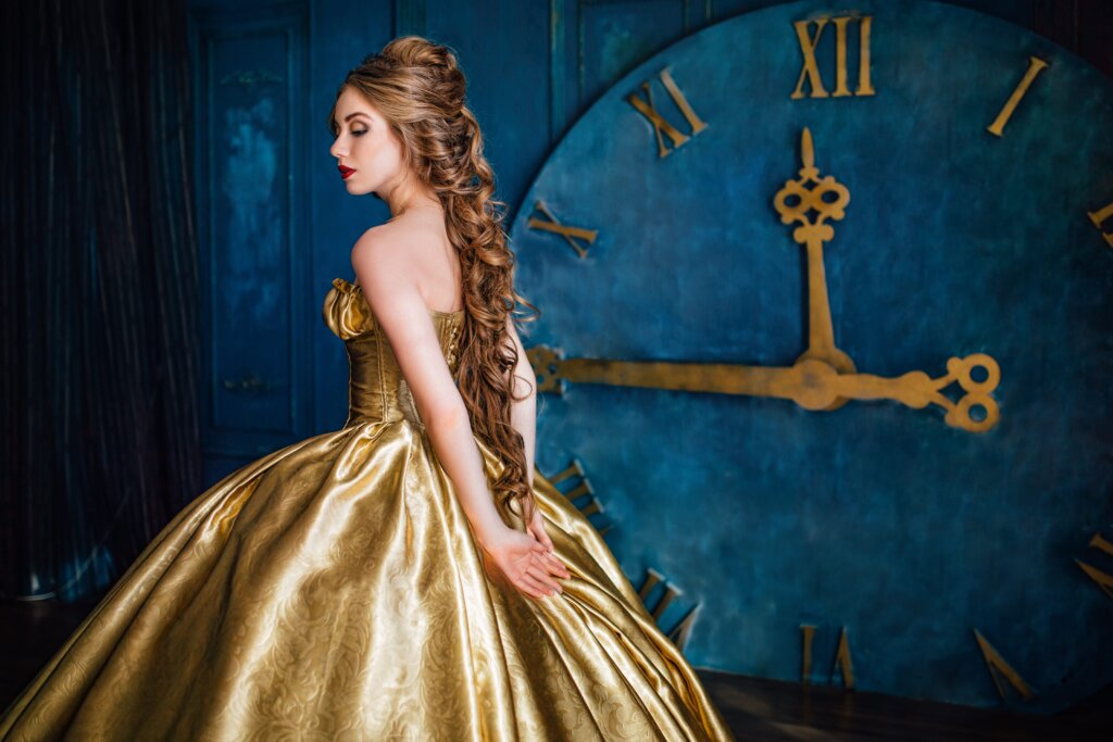 woman in big gold ball gown